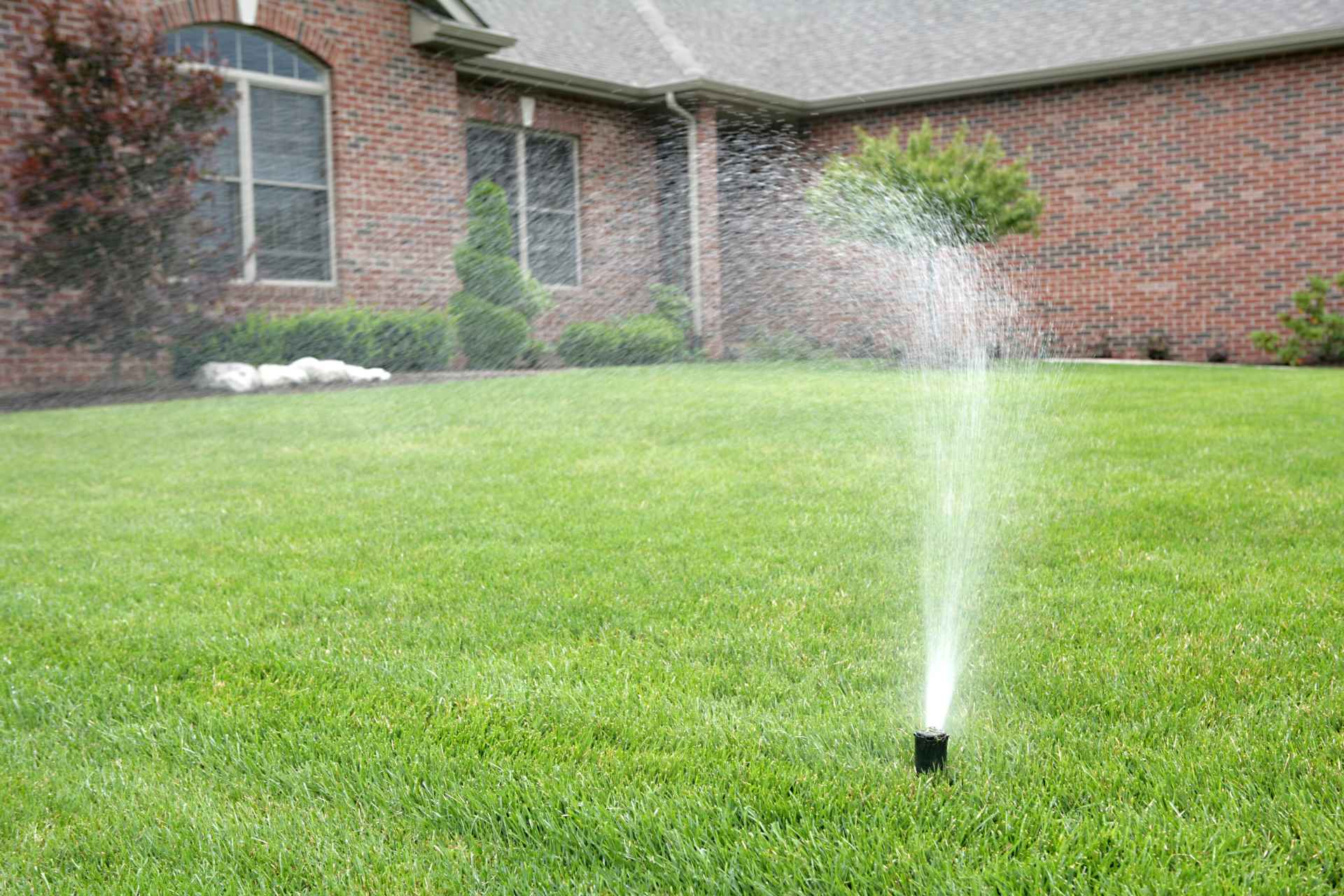 A residential lawn sprinkler spraying water in the front lawn of a house.
